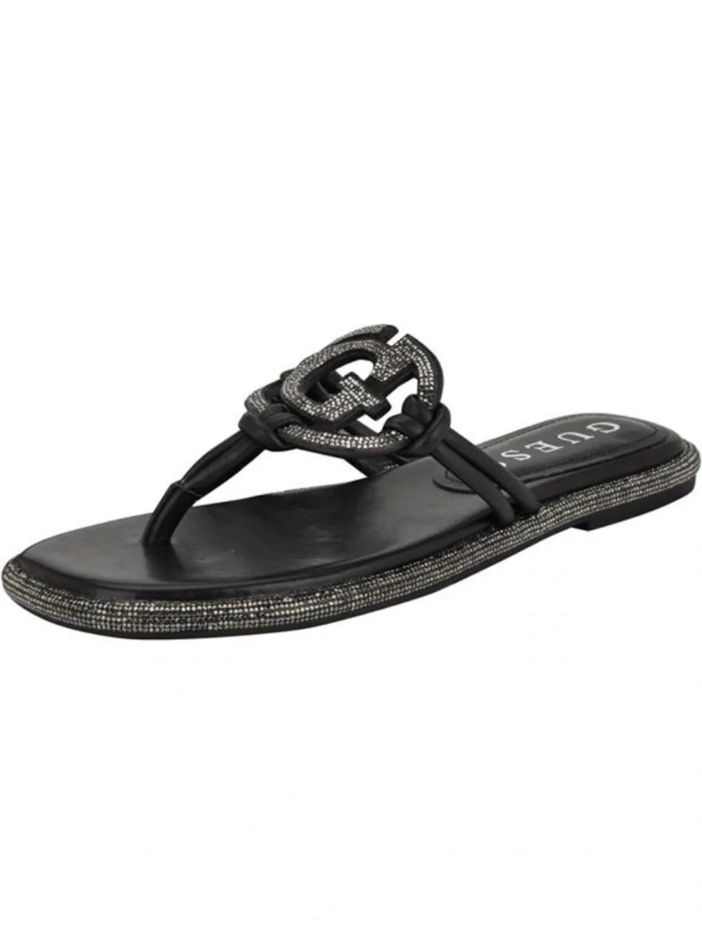 GUESS Black Crystal-Accented Logo Thong Sandal